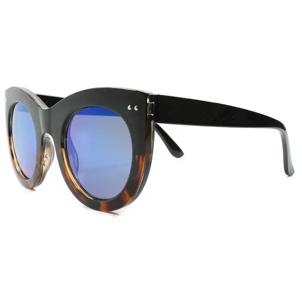 Womens Oversized Round Sunglasses Black Tortoise Blue Mirrored Lens